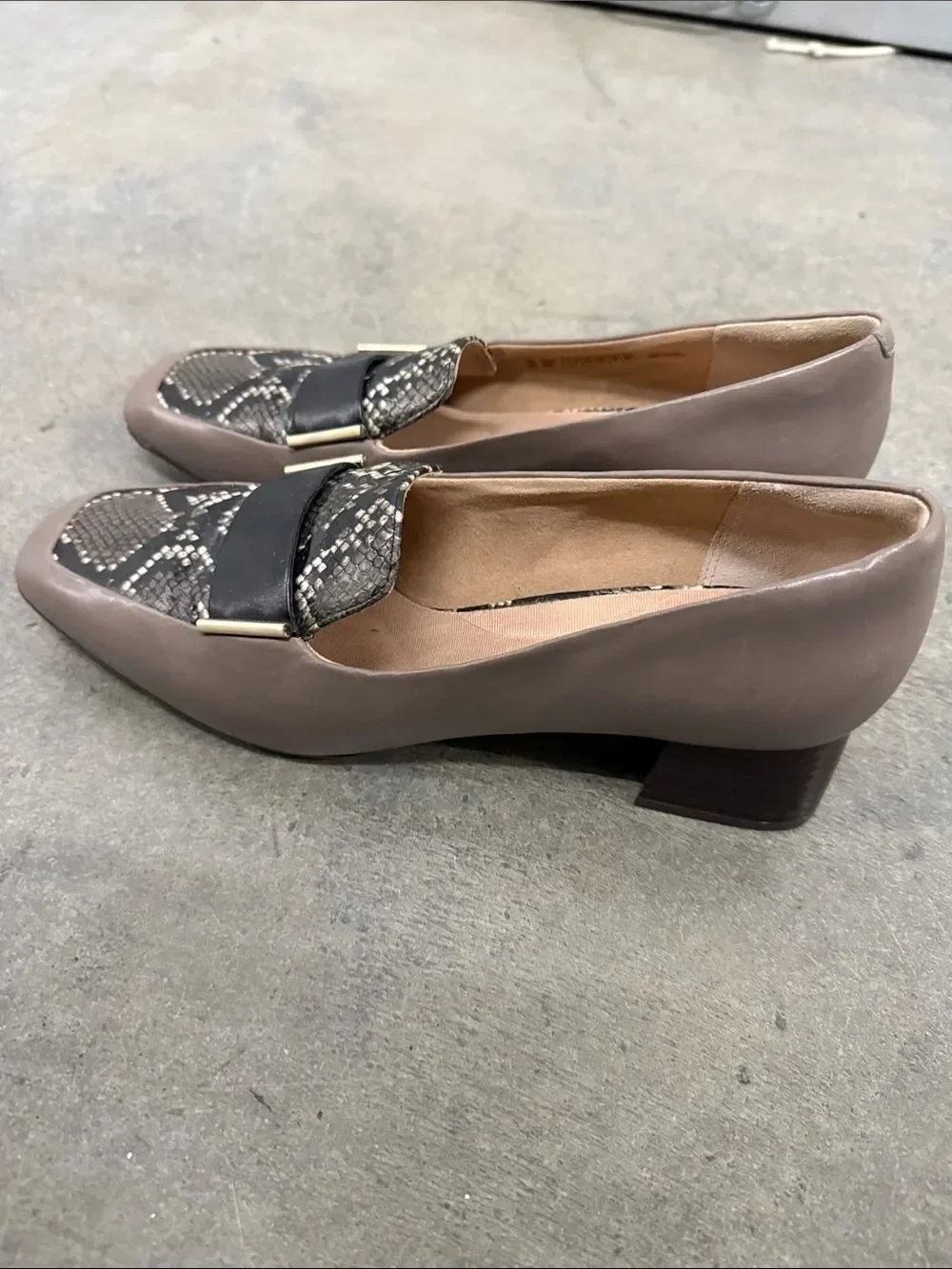 Rockport Taupe Loafers with Snake-Print Vamp and Black Strap